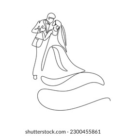 Wedding cople dance vector line art. Beautiful bride and groom line drawing. Elegant wedding agency logo. Minimalist modern illustration