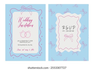 Coqueta de Boda con Plantilla de invitación de lazo de cinta. Tarjeta de ceremonia de estilo femenino romántico con ilustraciones dibujadas a mano de Vector. Diseño imprimible.
