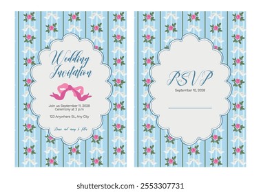 Wedding coquette with ribbon bow invitation template. Romantic floral feminine style ceremony card with vector hand drawn illustrations. Printable design.
