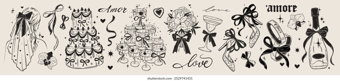 Wedding coquettish illustration set, vector hand drawn bride vail, champagne tower, celebration cake. Vintage romantic holiday rings, ribbon bow, flower bouquet wine glass bottle. Wedding illustration