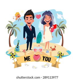 wedding couple with beach background . love summer concept - vector illustration