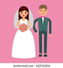 Wedding couple beautiful model girl in white dress and man in suit bride vector illustration