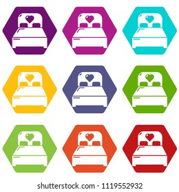 Wedding couple bed icons 9 set coloful isolated on white for web