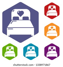 Wedding couple bed icons vector colorful hexahedron set collection isolated on white