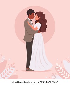 Wedding Couple. Black Man And Woman Getting Married, Newlyweds. Wedding Portrait. Multicultural Family. Vector Illustration