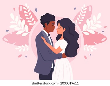 Wedding Couple. Black Man And Woman Getting Married, Newlyweds. Wedding Portrait. Multicultural Family. Vector Illustration