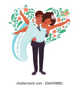 Wedding couple. The bride and groom are African-American. The bride is in the hands of the groom. Cartoon style. Can be used on wedding invitations, postcards and banners.
