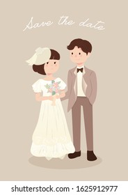 wedding couple bride and groom cute cartoon vector illustration earth tone