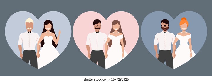 Wedding couple. Bride and groom.  Different couples in a heart shape. Red, brown and blond hair people. Trendy invitation design. Hand drawn modern illustrations.  