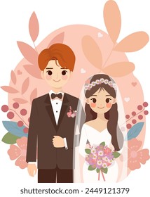 Boda pareja novia y novio. Ilustración de Vector de estilo plano	