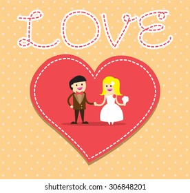 Wedding couple. Bride and groom. Flat style vector illustration. love card. red heart.