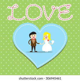 Wedding couple. Bride and groom. Flat style vector illustration. love card. blue heart.