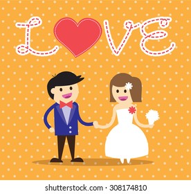 Wedding couple. Bride and groom. Flat style vector illustration. love card. blue heart. orange background