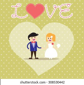 Wedding couple. Bride and groom. Flat style vector illustration. love card. blue heart. yellow background