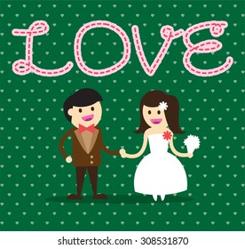 Wedding couple. Bride and groom. Flat style vector illustration. love card. blue heart. dark green background