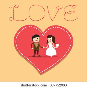 Wedding couple. Bride and groom. Flat style vector illustration. love card. blue heart. orange background