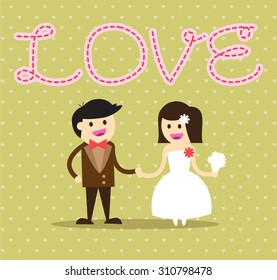 Wedding couple. Bride and groom. Flat style vector illustration. love card. blue heart. yellow background