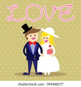 Wedding couple. Bride and groom. Flat style vector illustration. love card