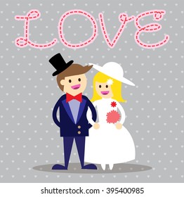 Wedding couple. Bride and groom. Flat style vector illustration. love card