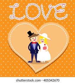 Wedding couple. Bride and groom. Flat style illustration. love card. blue heart. vector