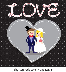 Wedding couple. Bride and groom. Flat style illustration. love card. blue heart. vector
