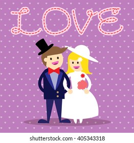 Wedding couple. Bride and groom. Flat style illustration. love card. blue heart. vector