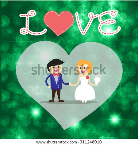 Wedding couple. Bride and groom. Flat style vector illustration. love card. blue heart. green bokeh background