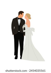 Wedding couple, Bride and groom in formal clothes on wedding day, marriage ceremony. Just married love couple, newlyweds. Realistic white background.