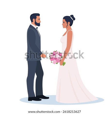 Wedding couple. Bride and groom in formal clothes on wedding day, marriage ceremony. Just married love couple, newlyweds.
