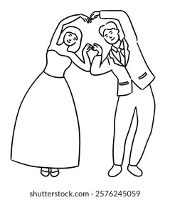 Wedding couple, bride and groom are happily forming a heart shape with their hands vector illustration