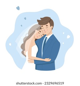 Wedding couple of bride and groom holding each other. Just married wife in white dress and husband in navy blue suit hugging on their wedding ceremony. Vector characters for card invitation to