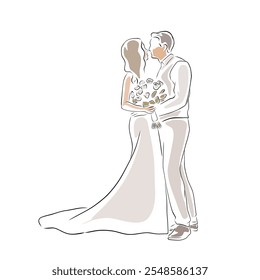 Wedding couple, bride and groom kissing, line art, isolated vector drawing illustration