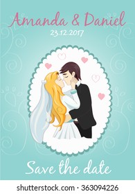 Wedding couple. The bride and groom are kissing.  Love couple. Save the Date invitation in vector. Blue