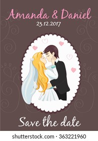 Wedding couple. The bride and groom are kissing.  Wedding background. Love couple. Save the Date invitation in vector. Brown
