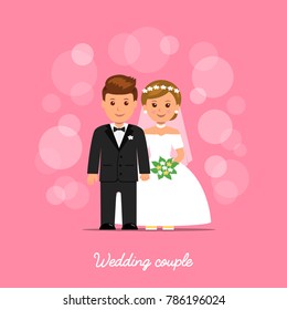 Wedding couple. Bride and groom on pink background with bokeh. Vector illustration cartoon style.