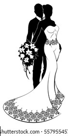 Wedding couple bride and groom silhouettes with the bride in a white pattern bridal dress gown holding a floral bouquet of flowers 