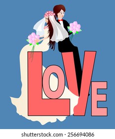 Wedding couple -Bride and groom sitting on the word love