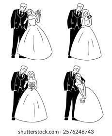 Wedding couple, bride and groom are striking different cute poses