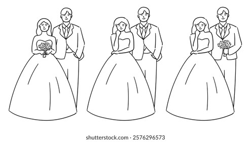 Wedding couple, bride and groom are striking different cute poses vector illustration