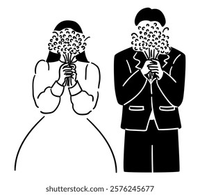 Wedding couple, bride and groom are using a bouquet to cover their faces, a cute couple