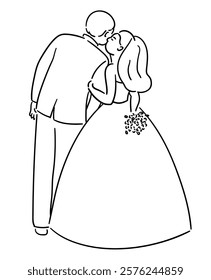 Wedding couple, the bride is holding the groom's hand and kissing his cheek with affection, the bride and groom on their wedding day 