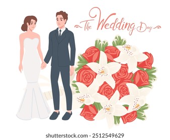 Pareja de Boda. Novia en vestido blanco y novio en traje azul sosteniéndose las manos. Letras del día de Boda, texto escrito a mano con ramo de flores. Diseño de personajes de dibujos animados. Ilustración vectorial