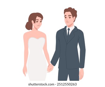 Pareja de Boda. Novia en vestido blanco y novio en traje azul sosteniéndose las manos. Ceremonia de Boda. Diseño de personajes de dibujos animados. Ilustración vectorial aislada sobre fondo blanco