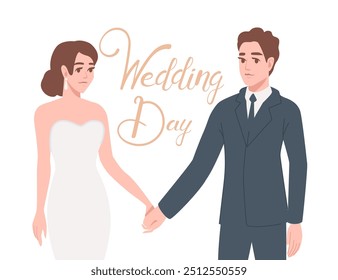 Wedding couple. Bride in white dress and Groom in blue suit holding each other hands. Wedding day lettering, handwritten text. Cartoon characters design. Vector illustration