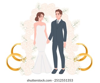 Wedding couple. Bride in white dress and Groom in blue suit holding each other hands. Wedding ceremony with golden rings and flowers arc. Cartoon characters design. Vector illustration