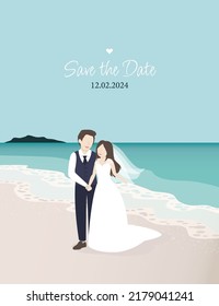 Wedding couple by the sea.Vector illustration. Wedding invitation Card.