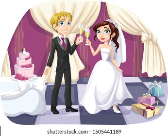 Wedding Couple with Wedding Cake Cartoon Illustration with Beautiful Background