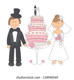 Wedding couple and wedding cake, hand drawing illustration on white background