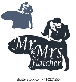 Wedding Couple Cake Topper Isolated Vector On White. Black Silhouette Groom And Bride In Wedding Gown Fluttering In The Wind Set.