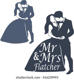 Wedding Couple Cake Topper Isolated Vector On White. Black Silhouette Groom And Bride Set.